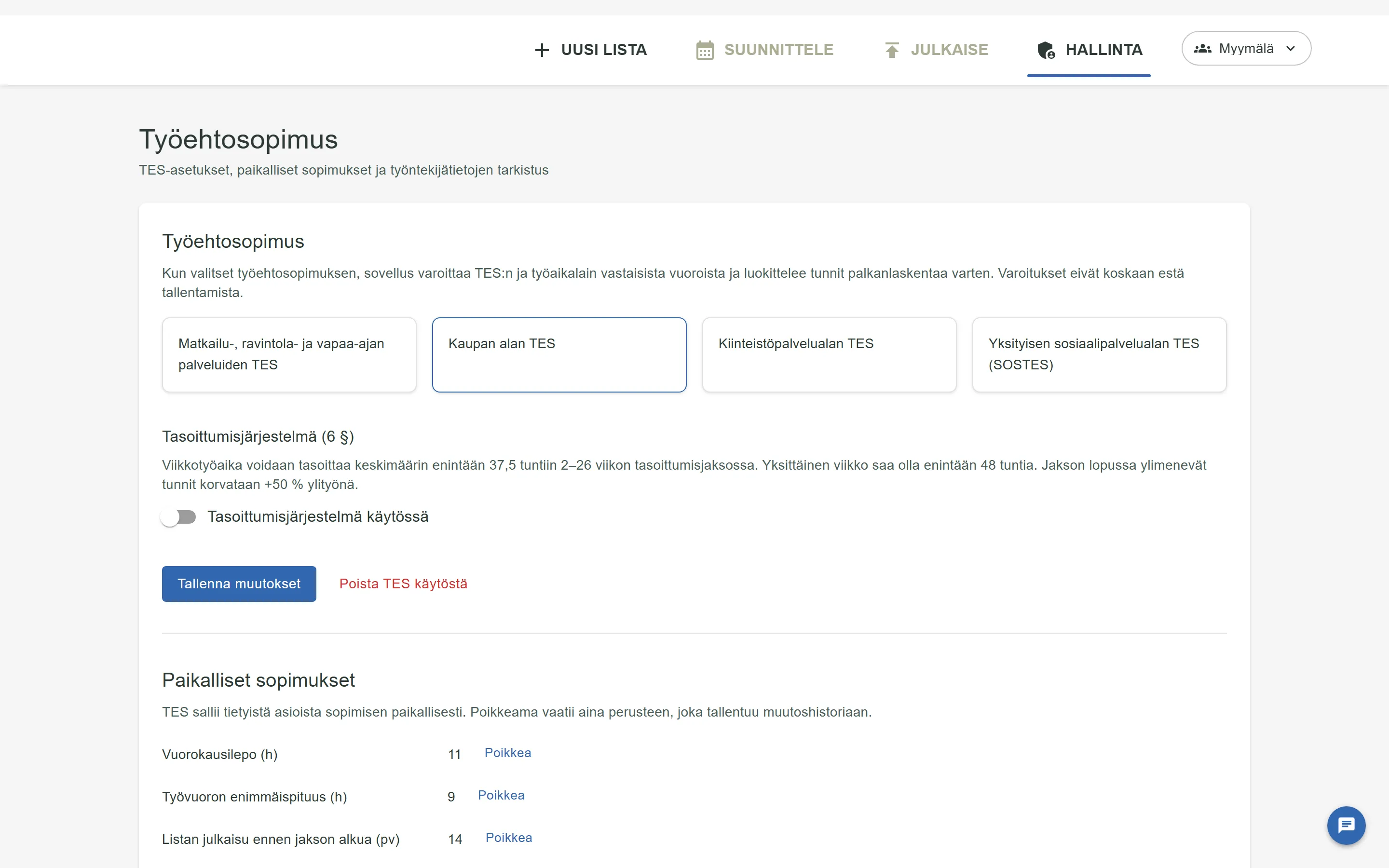 Työehtosopimusasetukset: Kaupan alan TES valittuna.