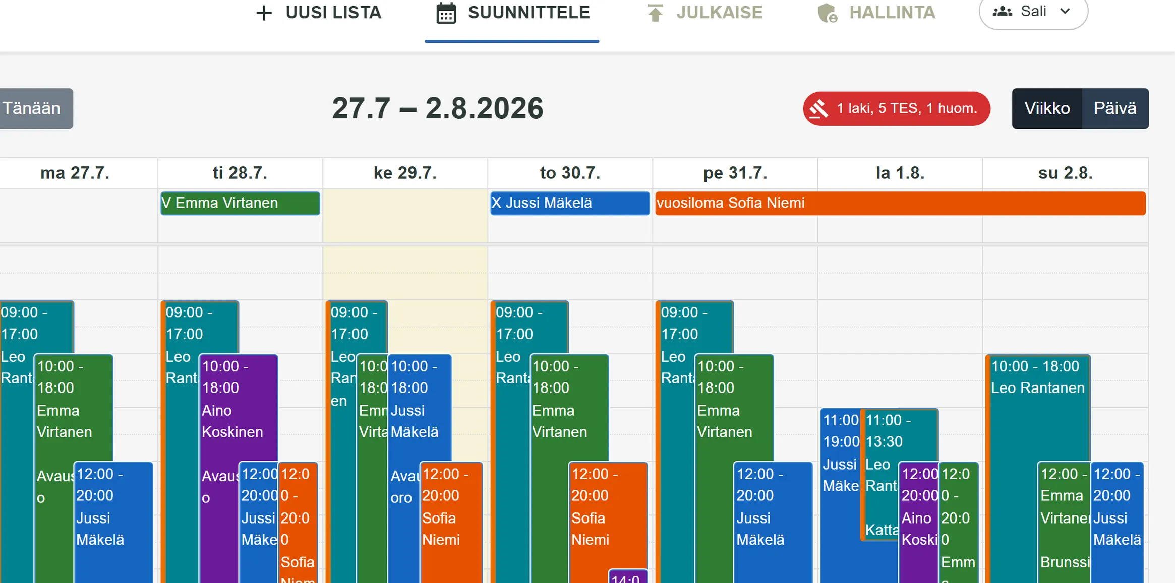 tyovuorolista.fi:n kalenterinäkymä.