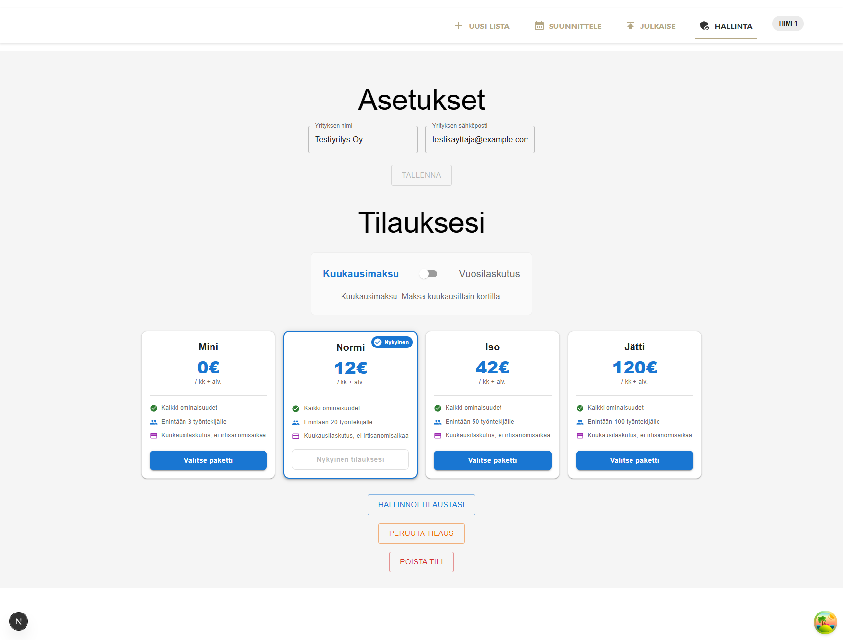 Aktiivinen Normi-tilaus Työvuorolista-sovelluksessa.