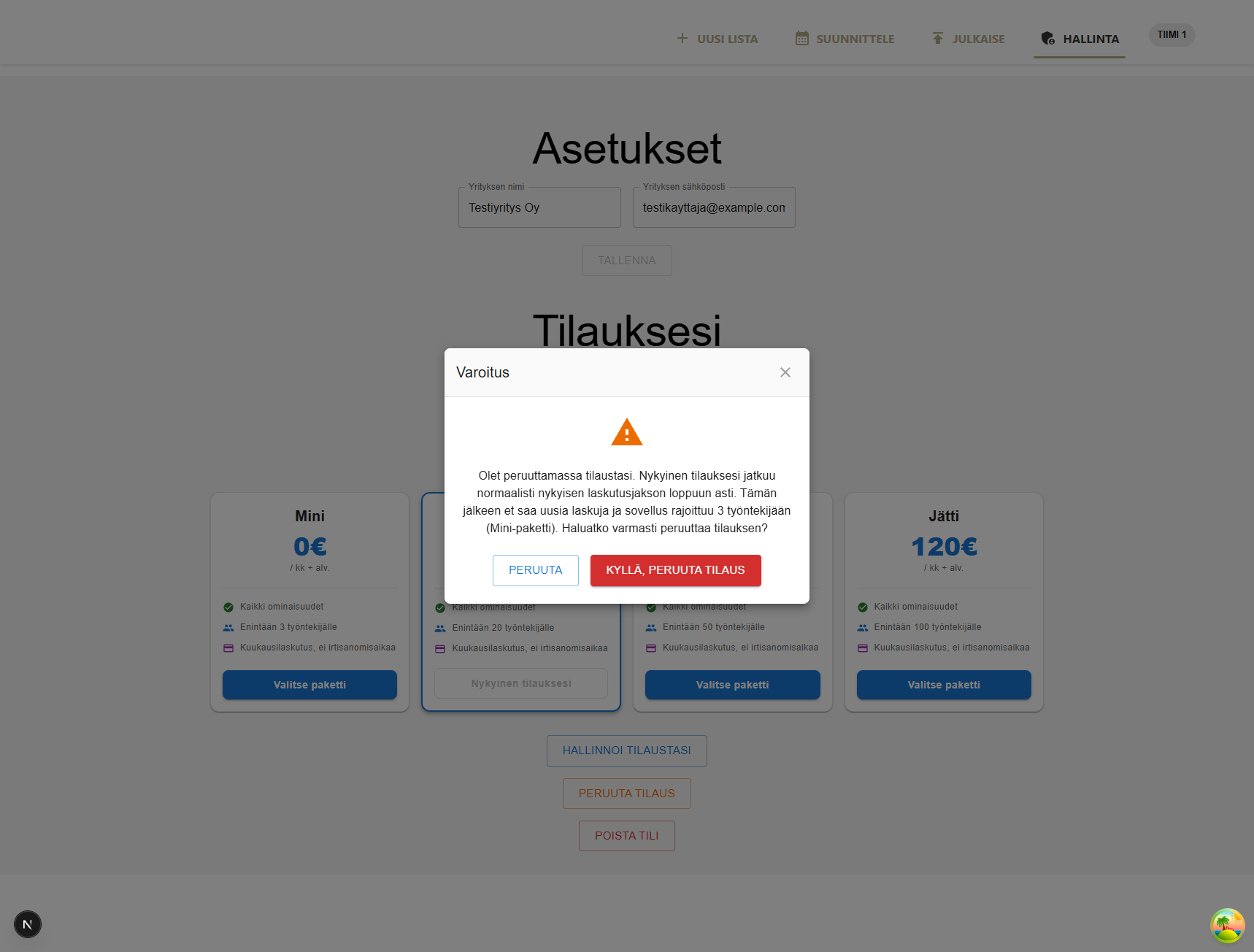 Tilauksen peruutusvaroitus Työvuorolista-sovelluksessa.