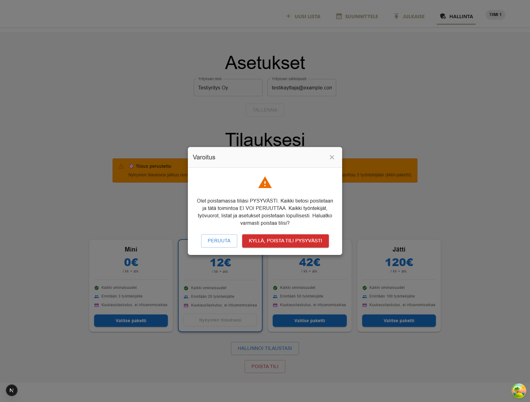 Tilin poiston varoitusikkuna Työvuorolista-sovelluksessa.