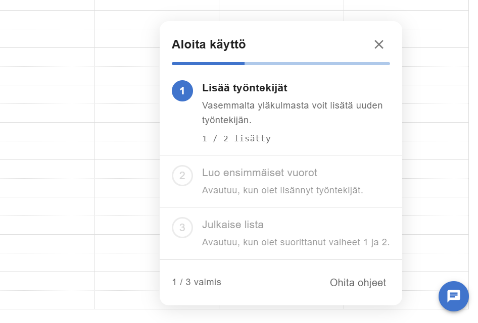 Aloita käyttö -ohje kalenterinäkymässä kolmella vaiheella.