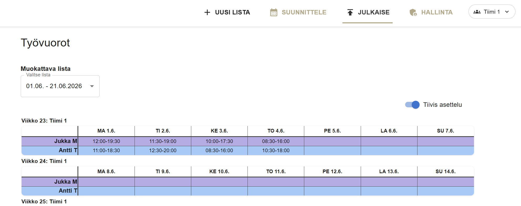 Julkaise-näkymä työvuorolistan esikatselulla