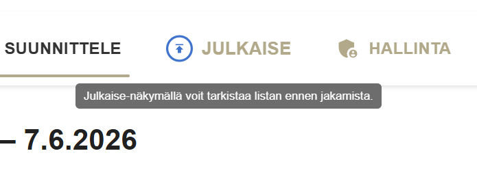 Ylävalikon Julkaise-kohta korostettuna
