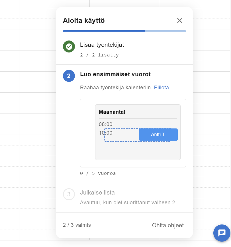 Työntekijäkortti raahataan kalenterin aikaruudukkoon
