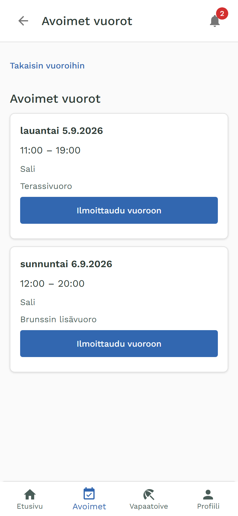 Avoimet vuorot Oma-portaalissa: tarjolla oleva vuoro ja Ilmoittaudu vuoroon -painike.