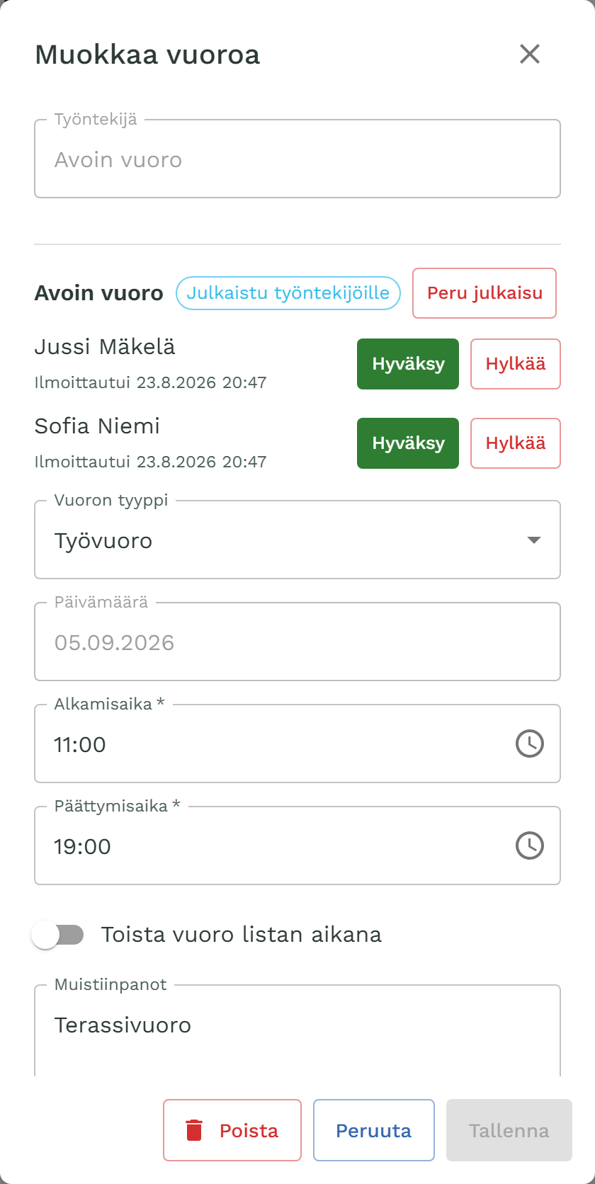Avoimen vuoron tiedot kalenterissa: ilmoittautuneet työntekijät ja Hyväksy-painike