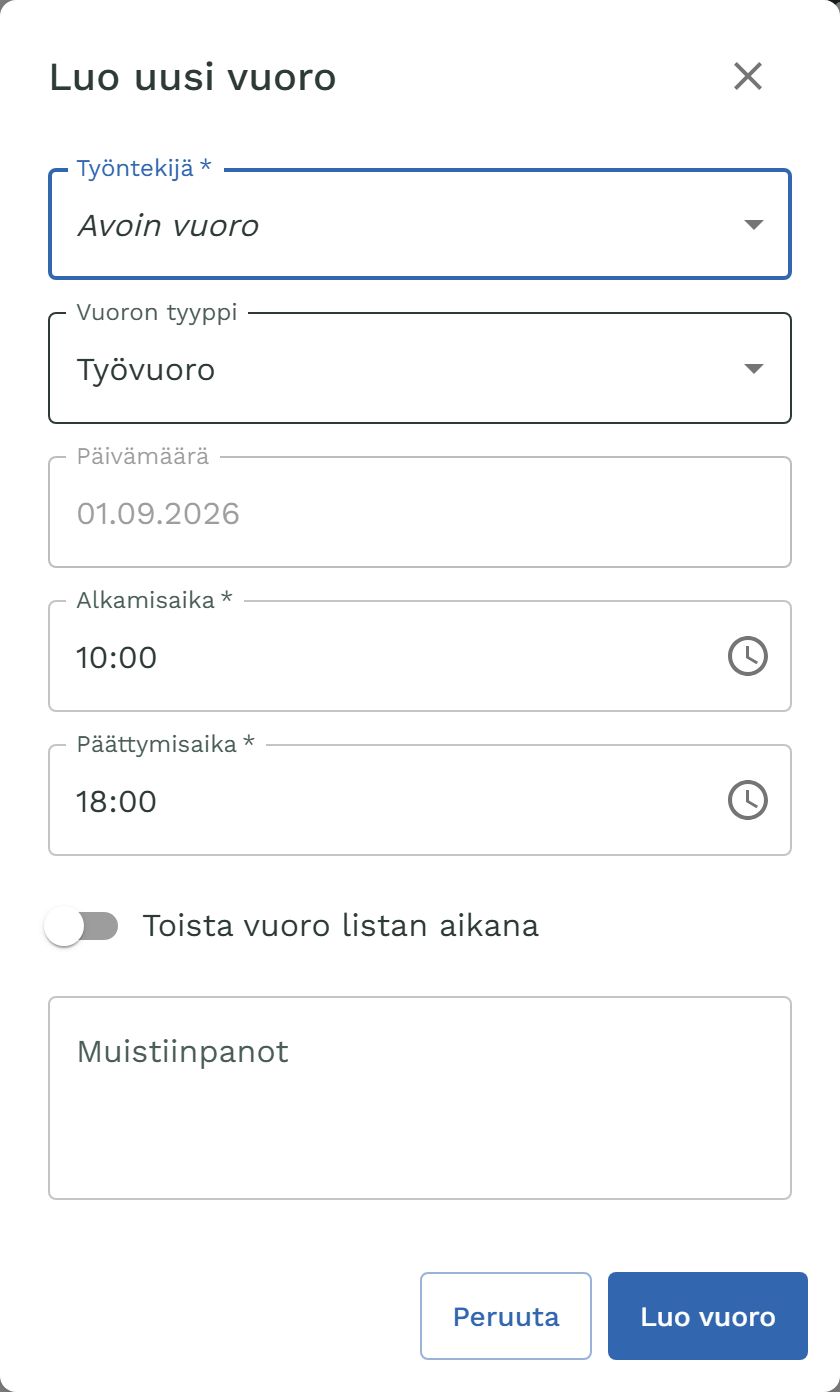 Vuoron luonti kalenterissa, työntekijävalikosta valittu Avoin vuoro