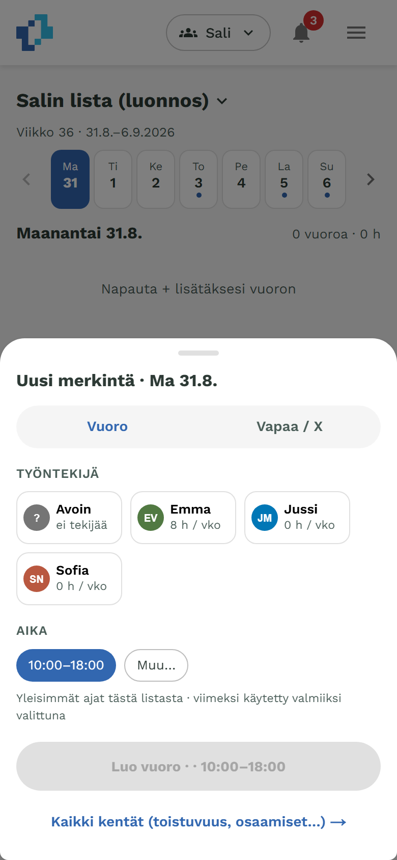 Mobiilin pikaluonti, jossa työntekijävalinnassa Avoin vuoro -vaihtoehto