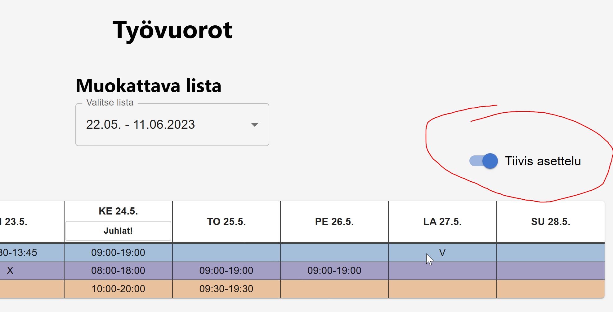 Tiivis asettelu -kytkin julkaisunäkymässä