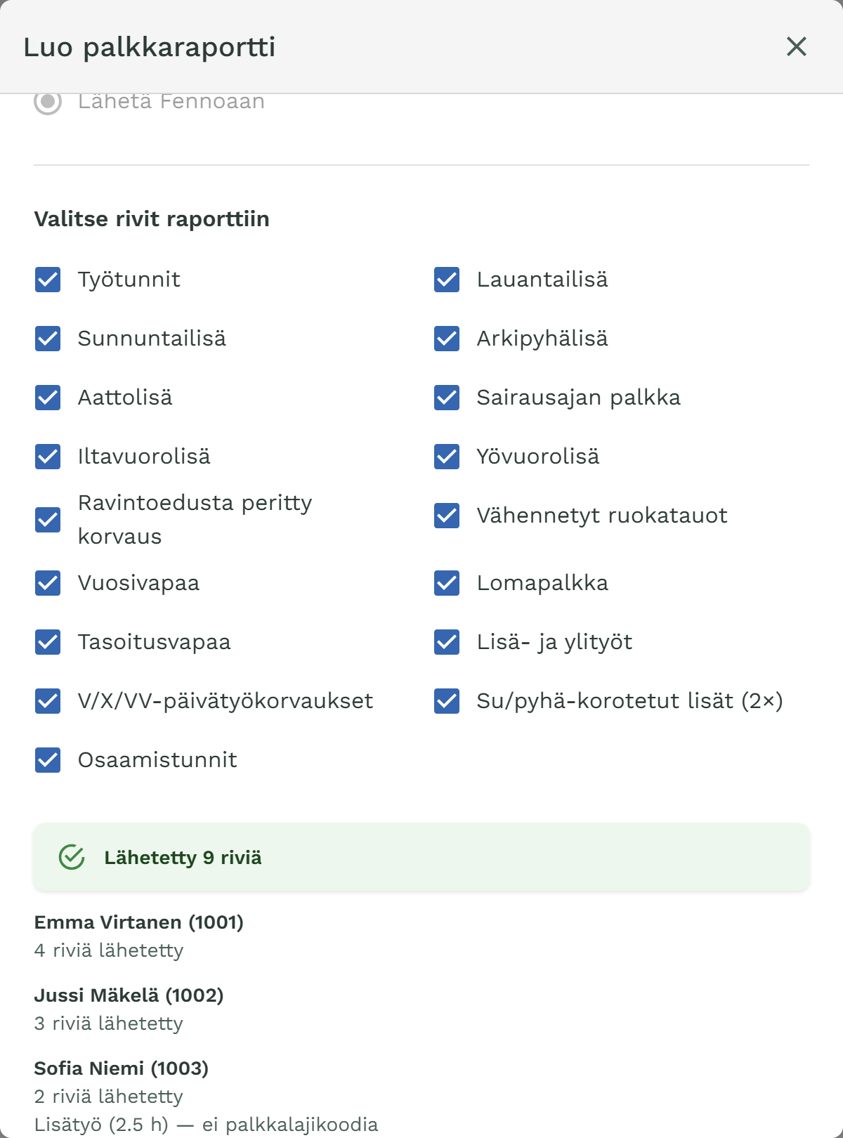 Viennin tulokset: lähetetyt rivit ja ohitettu rivi ilman palkkalajikoodia