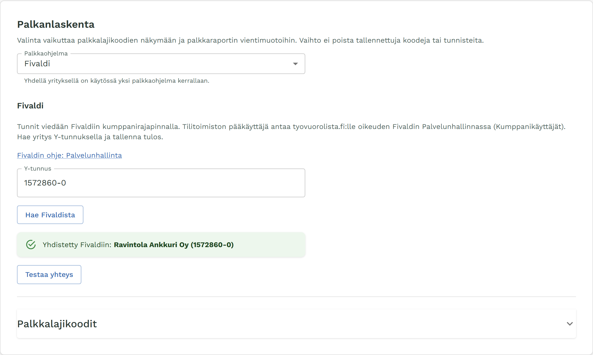 Asetusten Palkanlaskenta-osio, palkkaohjelmaksi valittu Fivaldi ja yritys yhdistettynä