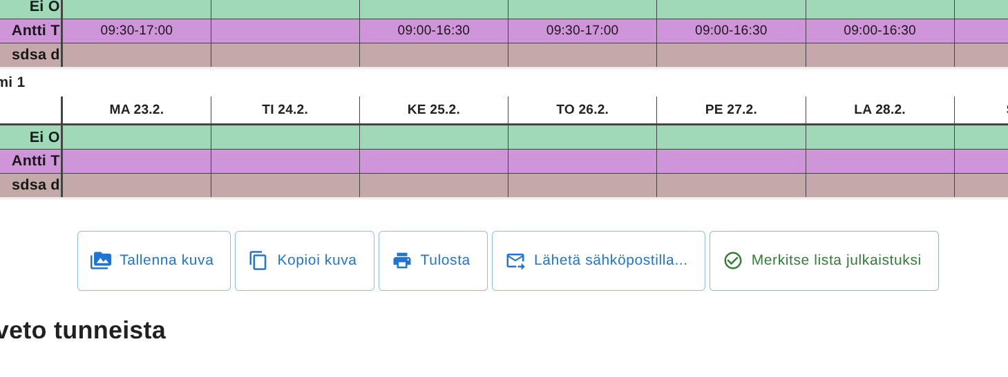 Työvuorolistan tulostusvalinnat Työvuorolista-sovelluksessa.
