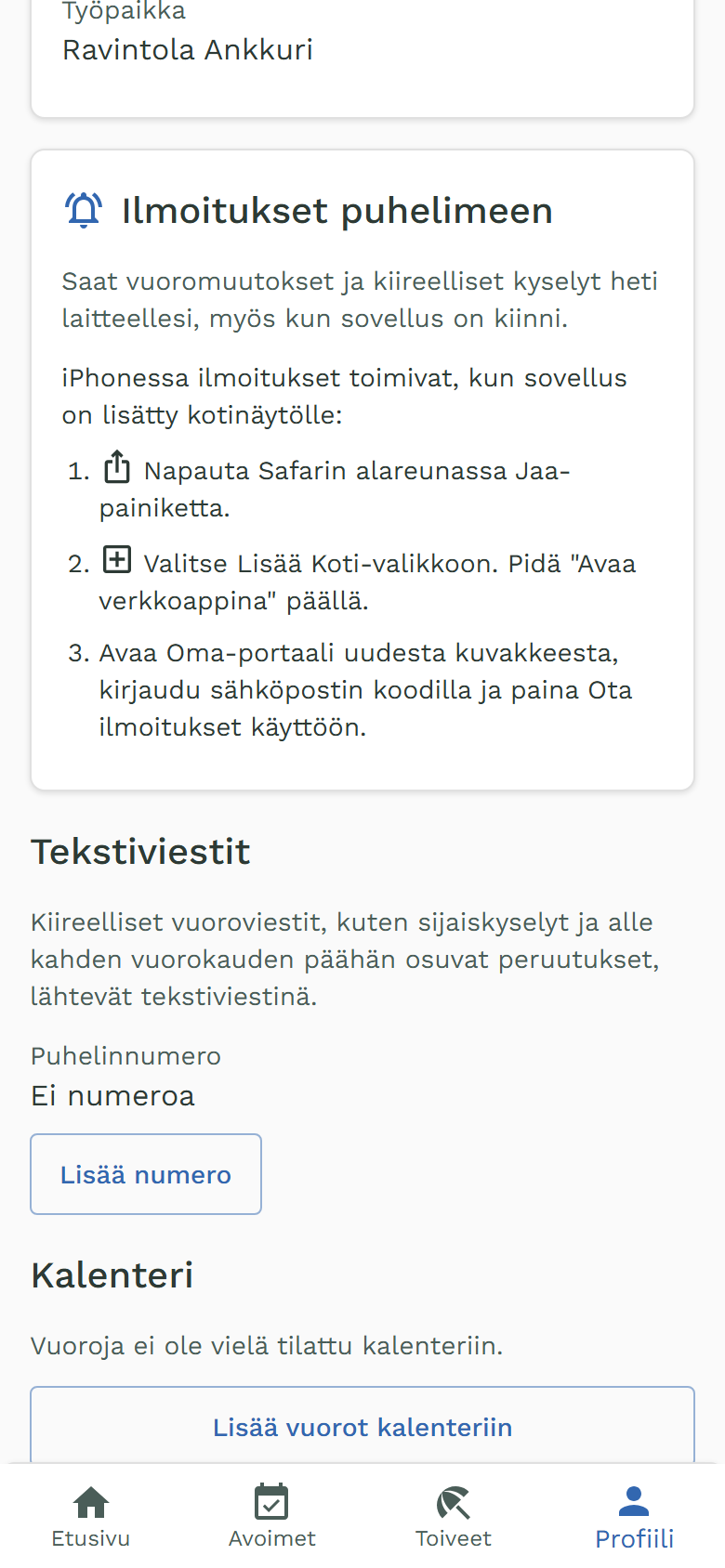iPhonen ohje: Napauta Jaa-painiketta, valitse Lisää Koti-valikkoon, avaa Oma-portaali uudesta kuvakkeesta.