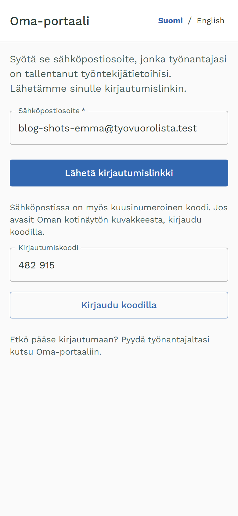 Oma-portaalin kirjautuminen: sähköpostiosoite, kenttä Kirjautumiskoodi ja nappi Kirjaudu koodilla.