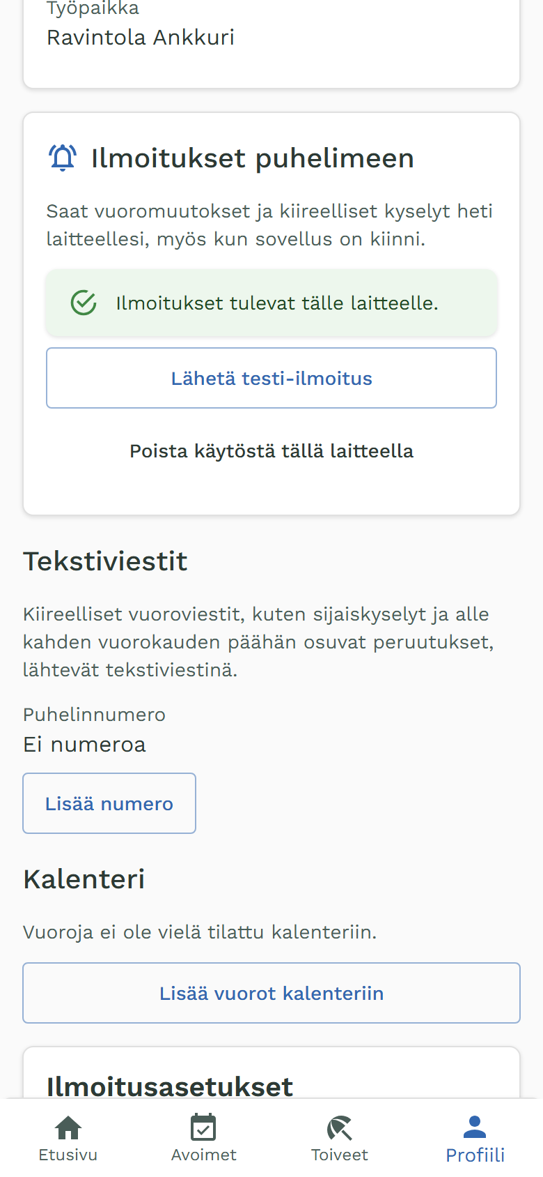 Oma-portaalin profiili: Ilmoitukset puhelimeen on käytössä, napit Lähetä testi-ilmoitus ja Poista käytöstä tällä laitteella.
