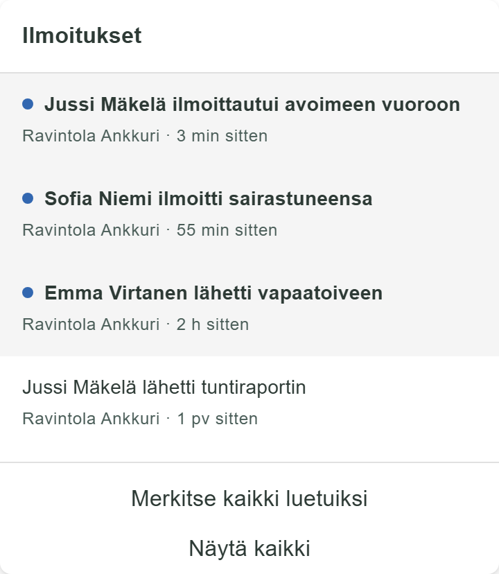 Ilmoituskello avattuna: esihenkilö näkee ilmoittautumisen, sairastumisen ja vapaatoiveen.