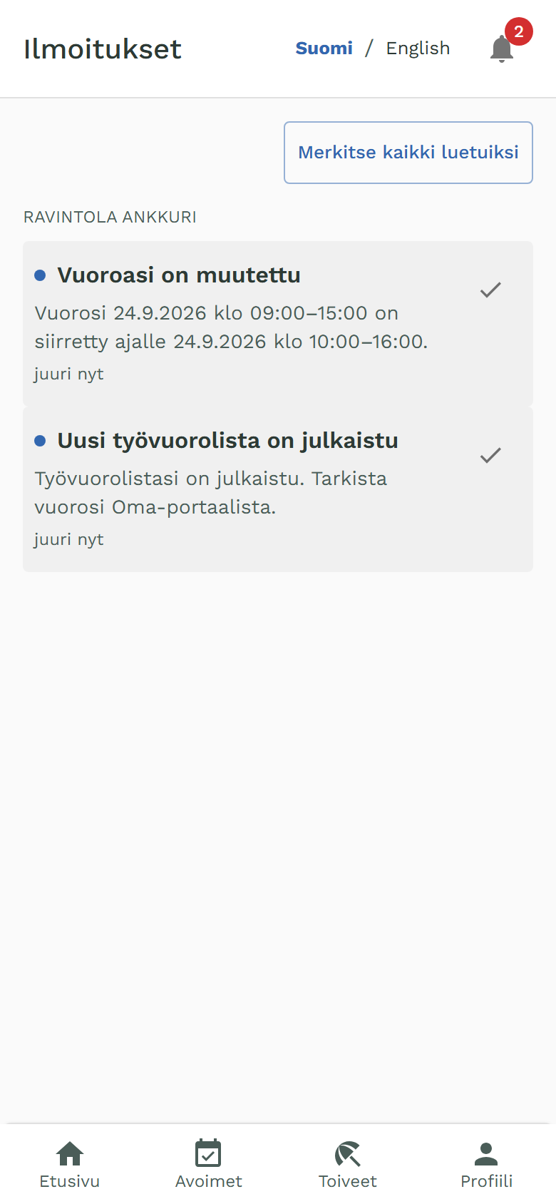 Ilmoitukset-sivu: torstain vuoro klo 9–15 on siirretty klo 10–16.