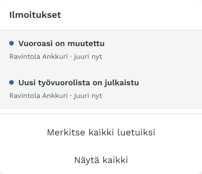 Työntekijän ilmoituskello: Vuoroasi on muutettu ja Uusi työvuorolista on julkaistu.