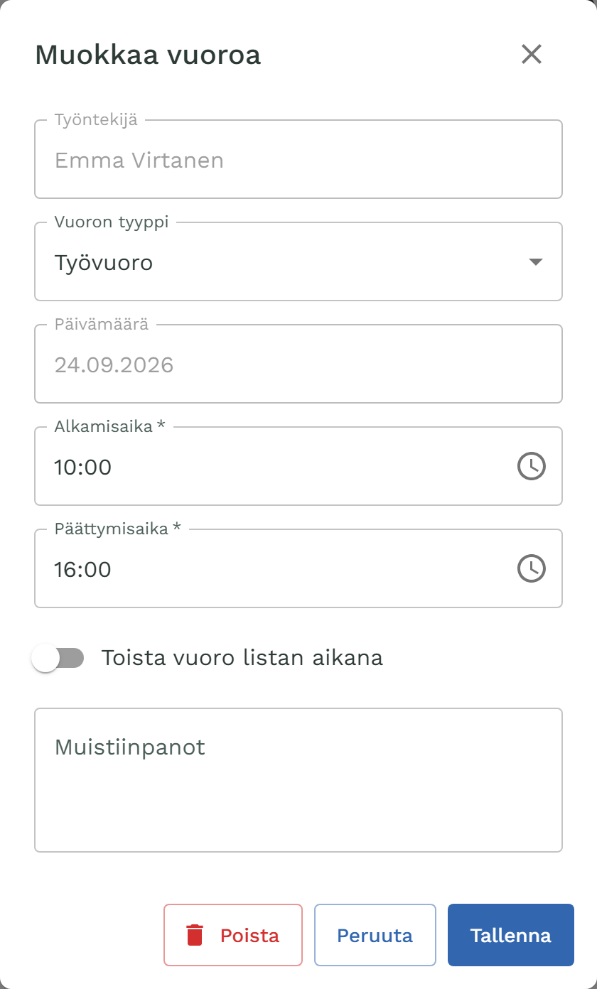 Vuoron muokkausikkuna, jossa Emman torstaivuoron ajaksi on vaihdettu 10:00–16:00.