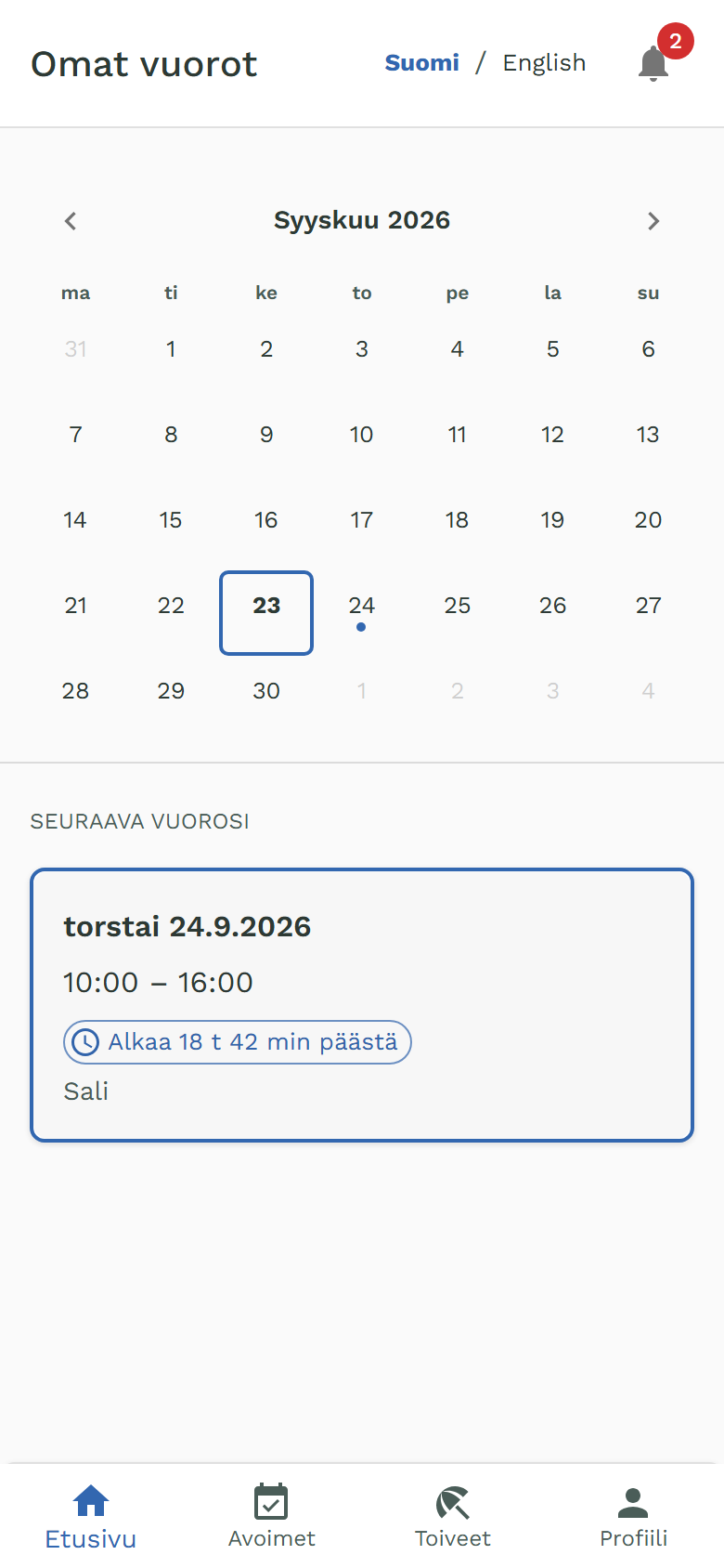 Oma-portaalin etusivu, jossa torstain vuoro on klo 10:00–16:00.