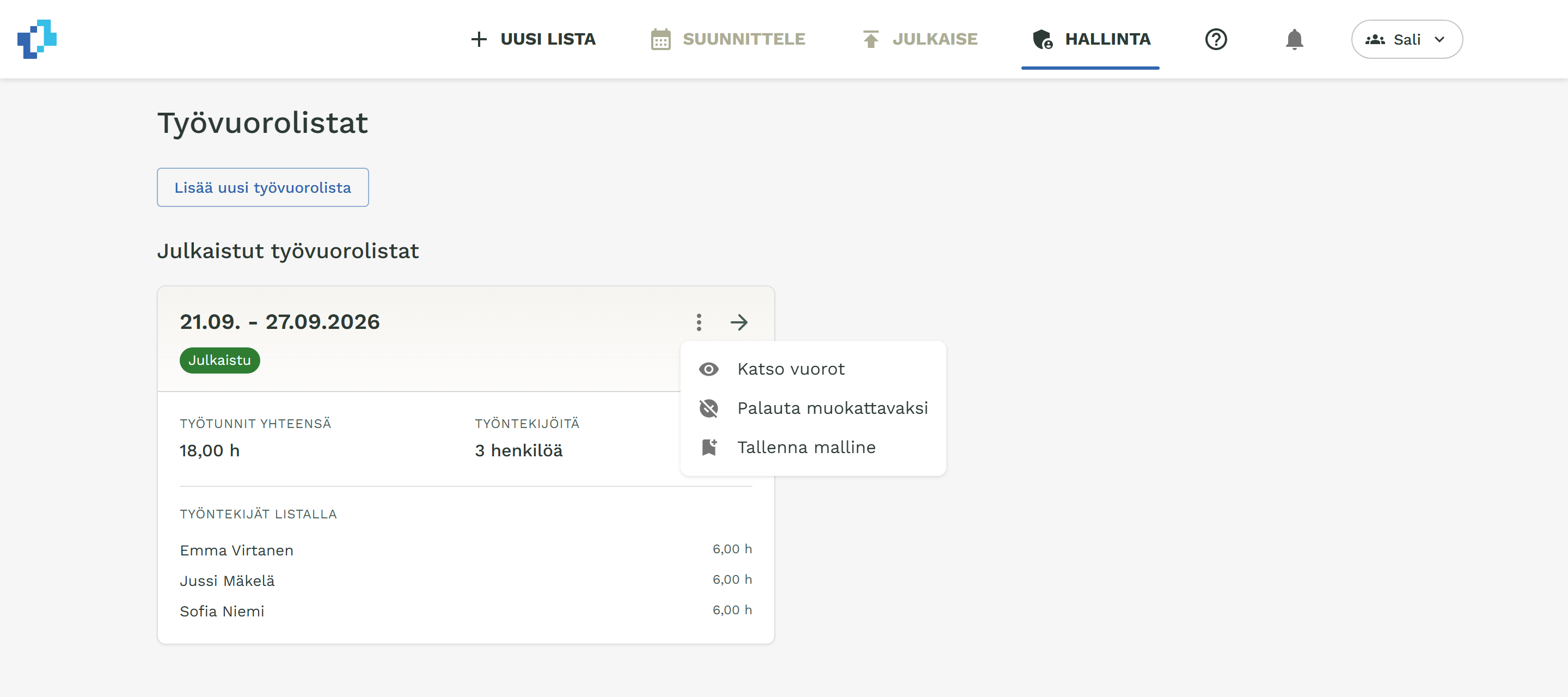 Työvuorolistat-sivun valikko, jossa julkaistulle listalle on valinta Palauta muokattavaksi.