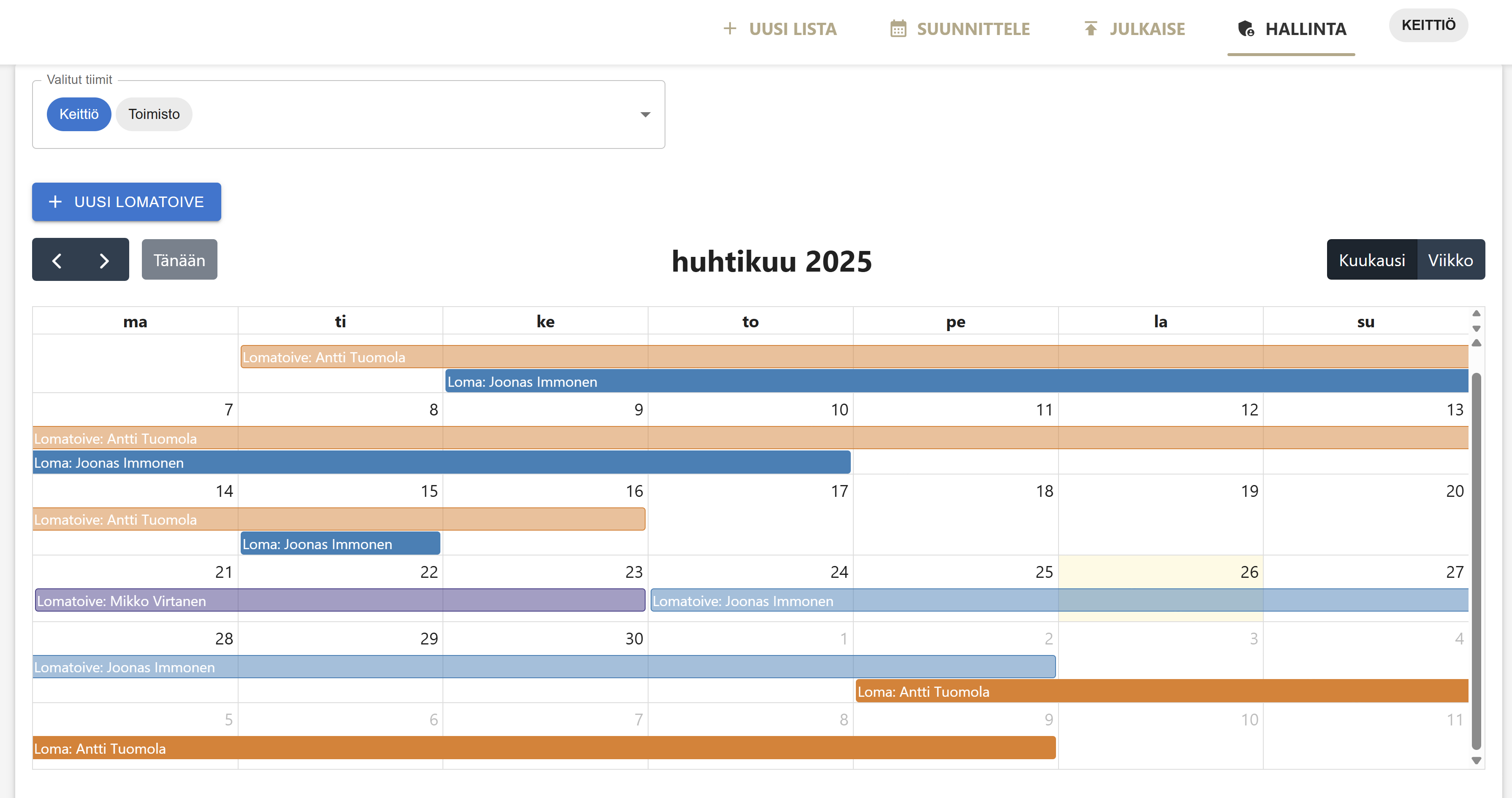 Lomasuunnittelunäkymä Työvuorolista-sovelluksessa.