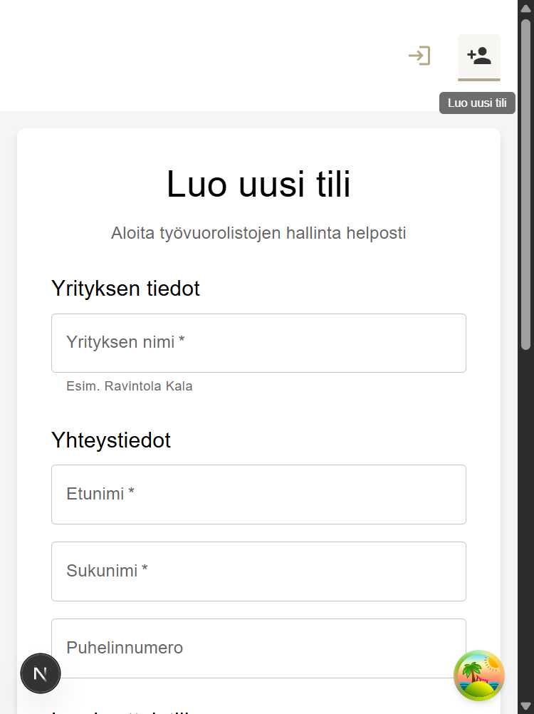 Rekisteröityminen mobiilissa