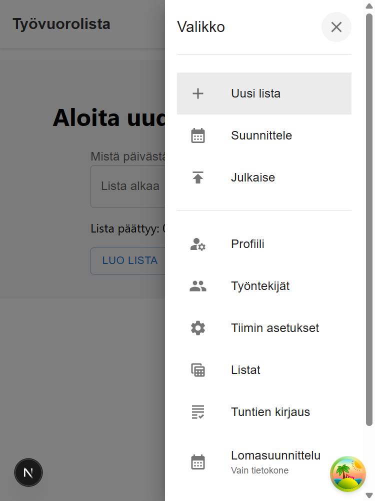 Navigointivalikko mobiilissa