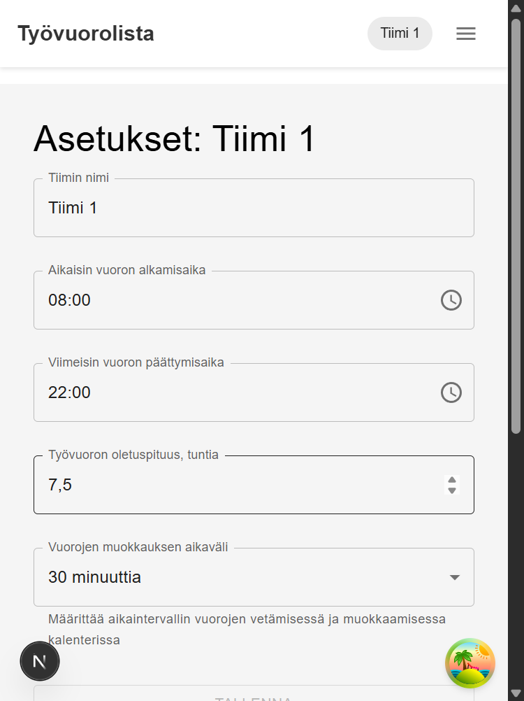 Tiimin asetukset mobiilissa