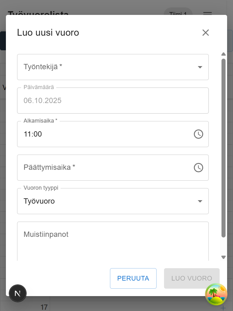 Vuoron luonti mobiilissa