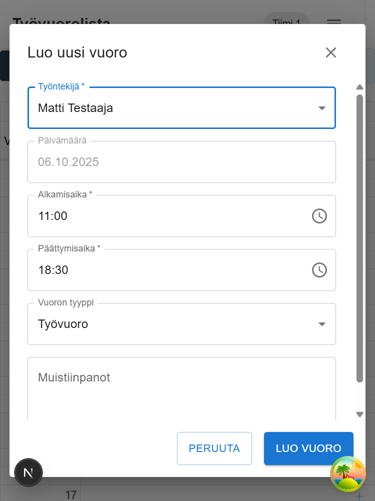 Täytetty vuoron luomislomake