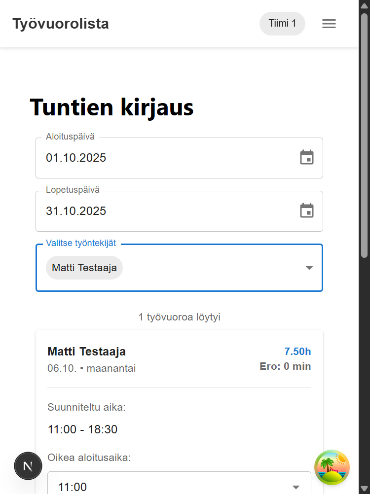 Vuoro tuntien kirjauksessa
