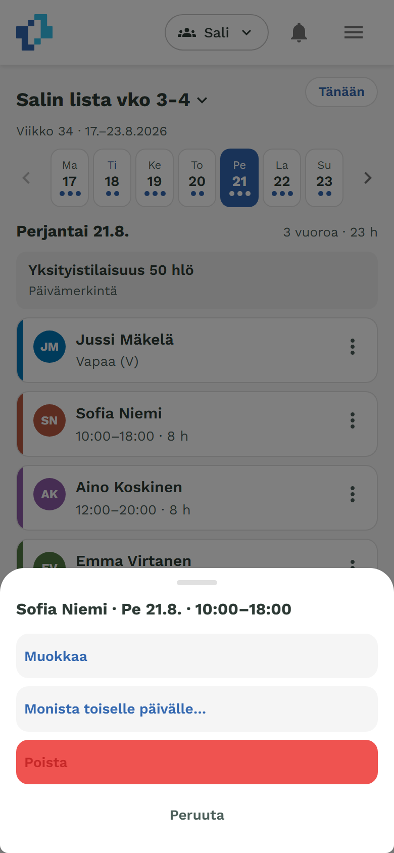 Vuorokortin toiminnot: Muokkaa, Monista, Poista