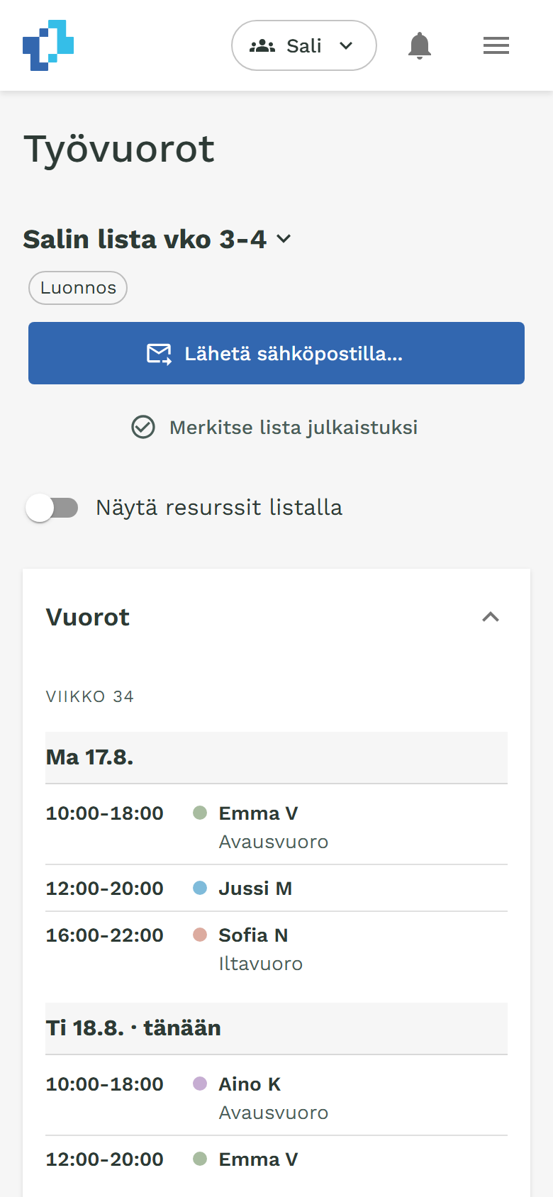 Julkaisu mobiilissa: lähetä sähköpostilla, merkitse julkaistuksi ja vuorolista