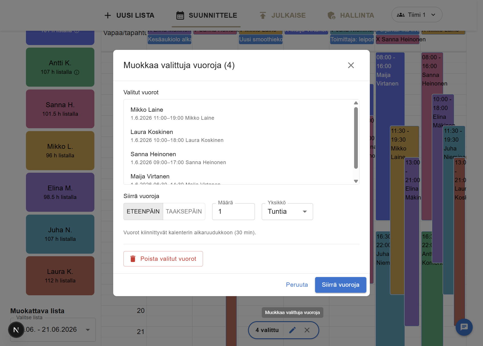 Muokkaa valittuja vuoroja -ikkuna, jossa valittujen vuorojen lista, siirtoasetukset ja poistopainike