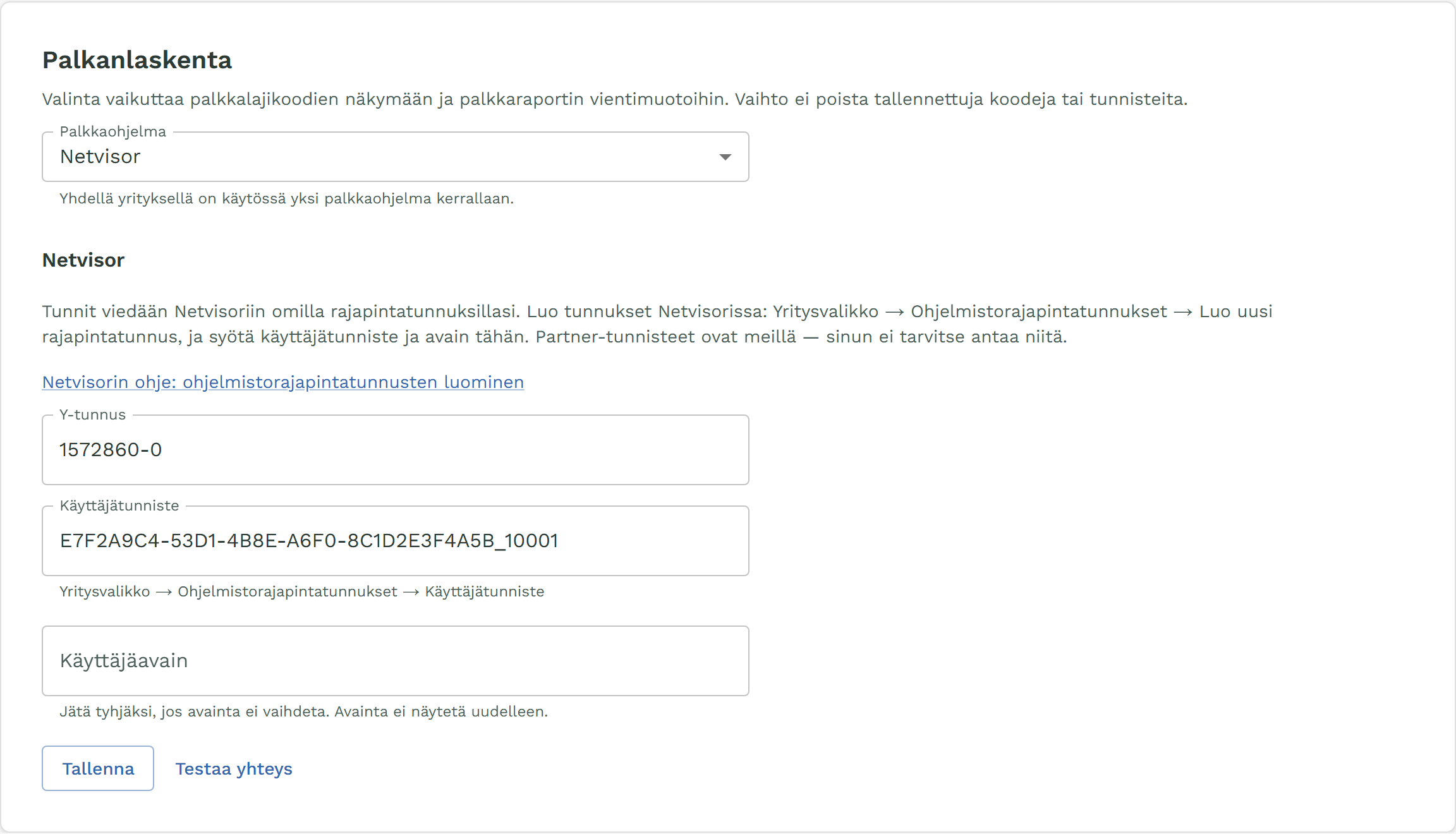 Asetusten Palkanlaskenta-osio, palkkaohjelmaksi valittu Netvisor