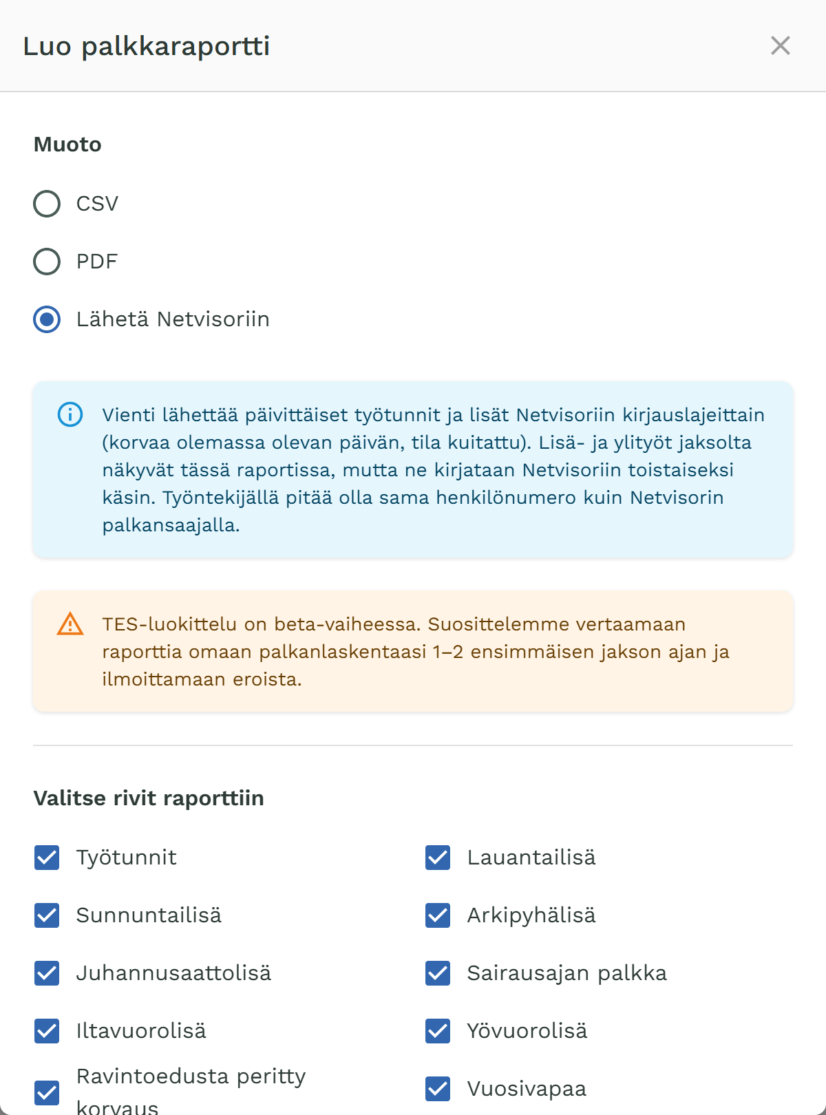 Palkkaraportti-modali Lähetä Netvisoriin -muoto valittuna.