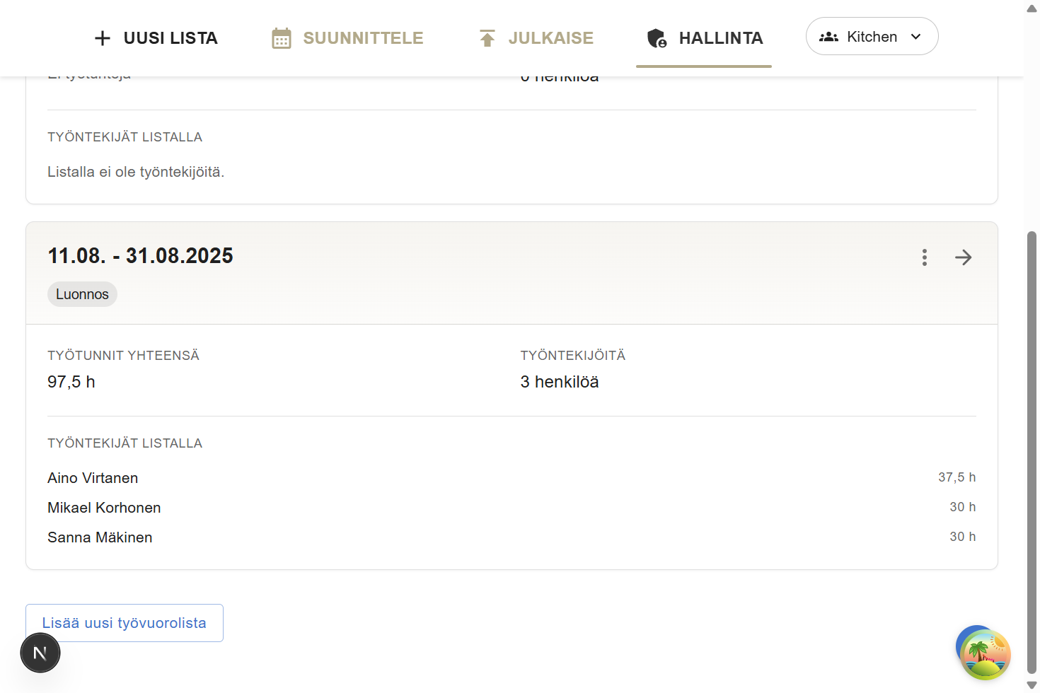 Uudistettu työvuorolistojen näkymä näyttää listan tunnit ja työntekijät suoraan kortissa