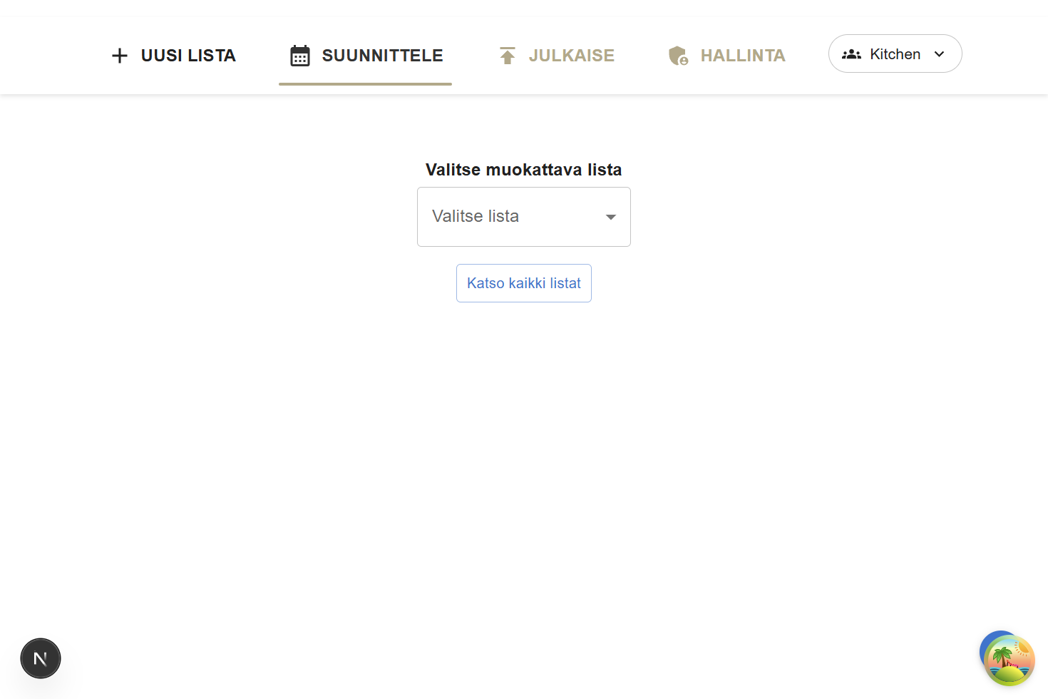 Työvuorolistan uusi päänavigaatio ja tiiminvalitsin.