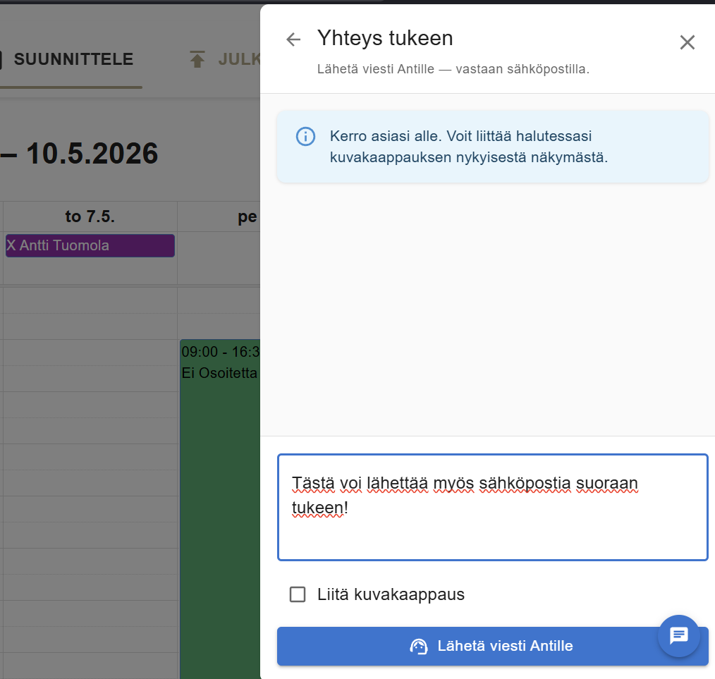 Tukipyynnön lähetys chatissa, lisätiedot ja kuvakaappausvalinta