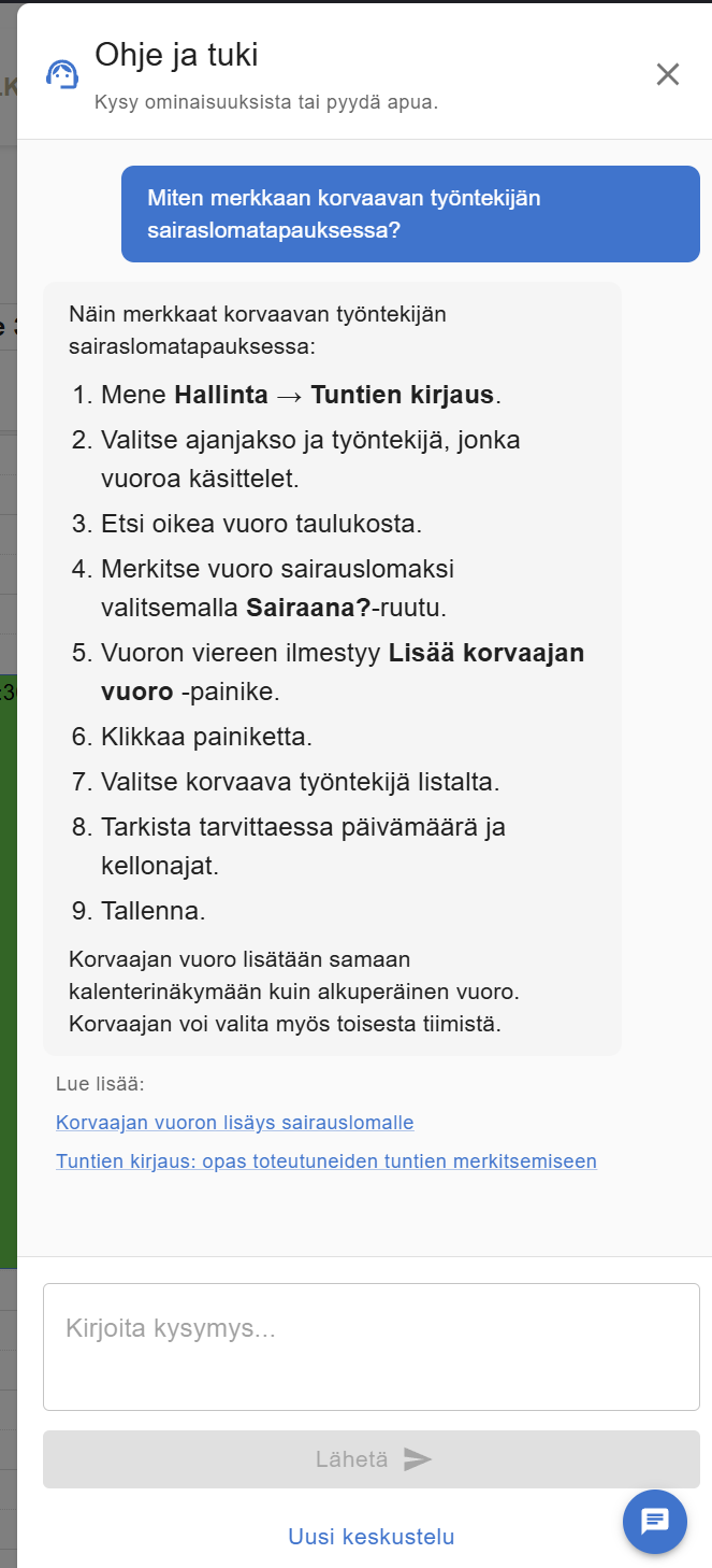 Ohje ja tuki -painike sovelluksen oikeassa alakulmassa