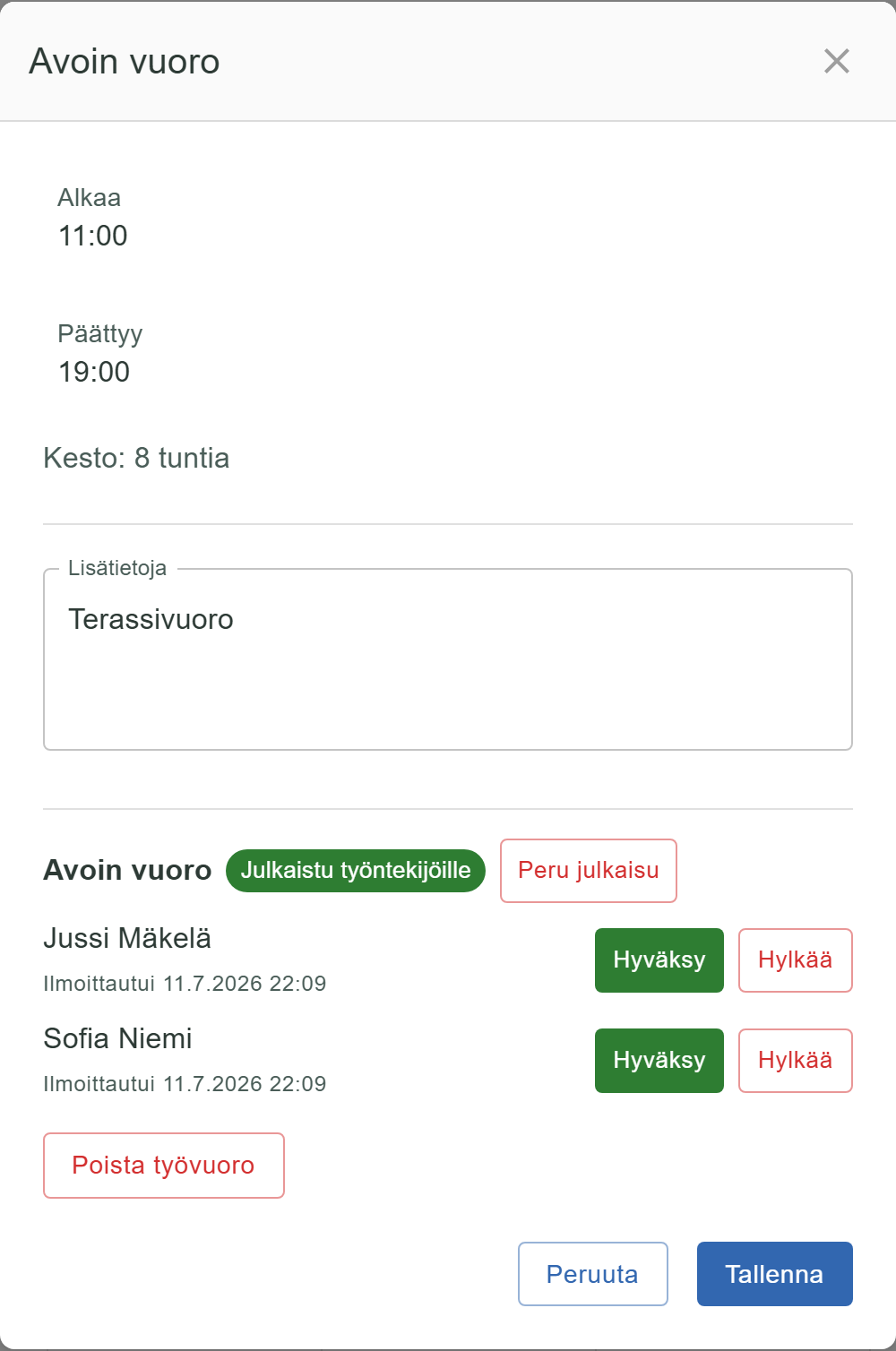 Avoimen vuoron tiedot kalenterissa: ilmoittautuneet työntekijät ja Hyväksy-painike