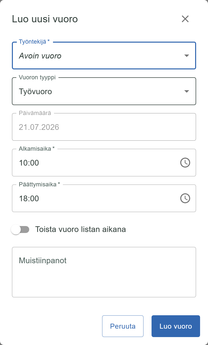 Vuoron luonti kalenterissa, työntekijävalikosta valittu Avoin vuoro