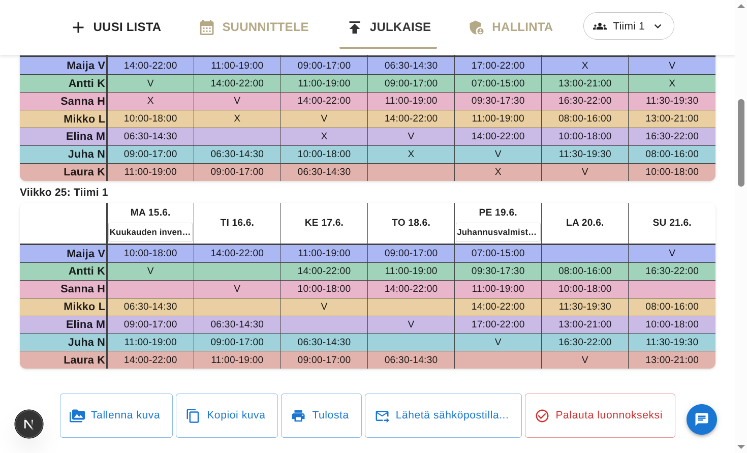 Julkaise-näkymä, jossa lista on merkitty julkaistuksi