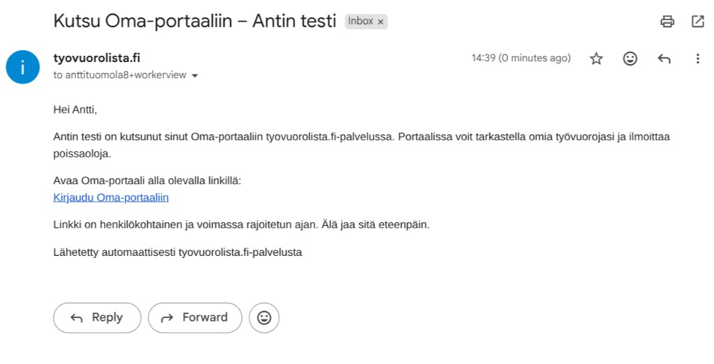 Oma-portaalikutsu sähköpostissa: otsikko Kutsu Oma-portaaliin, työnantajan nimi viestissä ja linkki kirjautumiseen