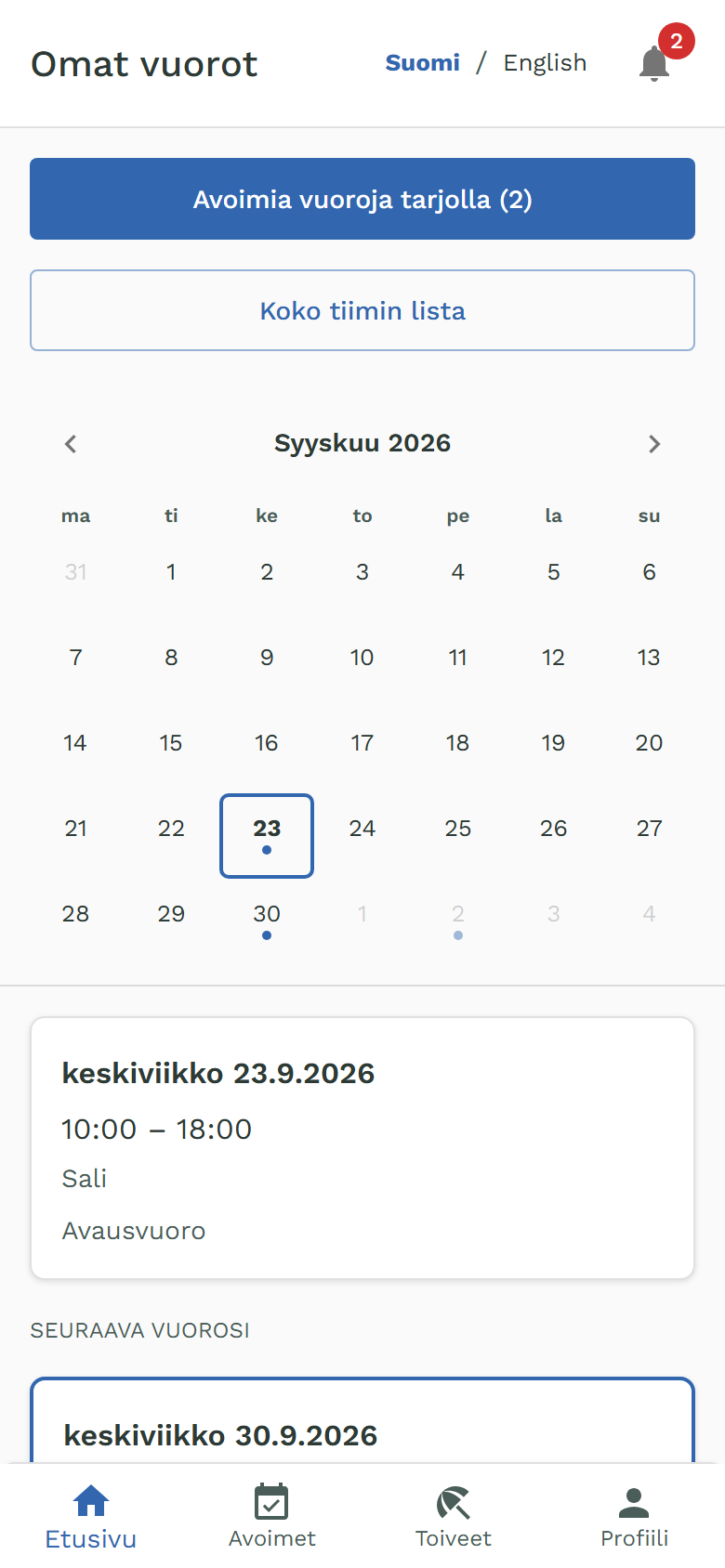 Oma-portaalin etusivu, jossa painike Koko tiimin lista