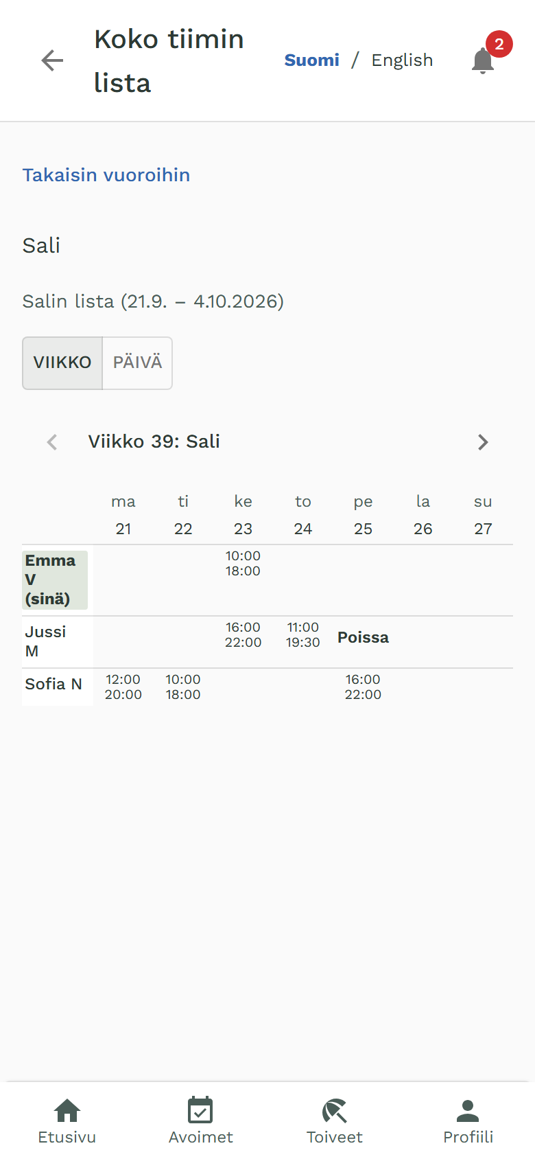 Koko tiimin lista viikkonäkymässä: oma rivi ylimpänä, työkavereiden vuorot ja Poissa