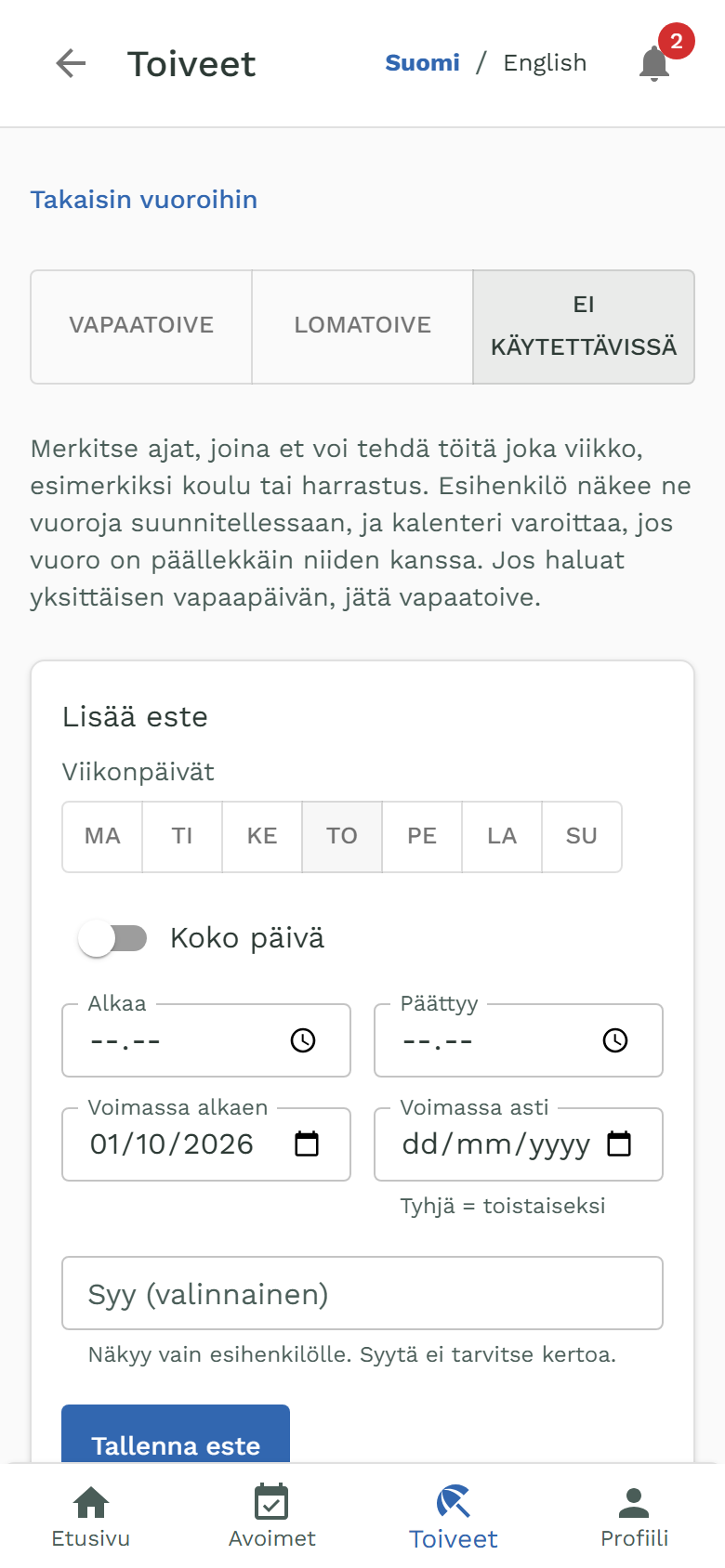 Oma-portaalin Toiveet: Ei käytettävissä valittuna, este keskiviikkoisin 16.00–20.00