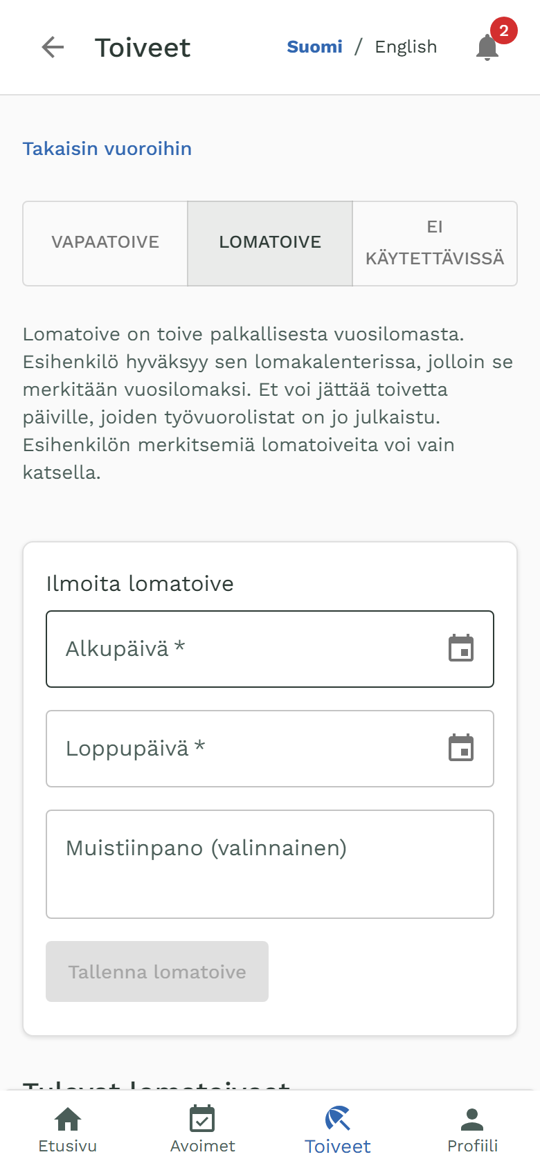 Oma-portaalin Toiveet: lomatoive valittuna
